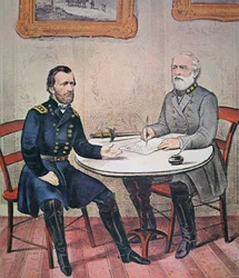 General Robert E. Lee (1807-70) kapituliert vor General Ulysses S. Grant (1822-85) im Appomattox Courthouse, 9. April 1865