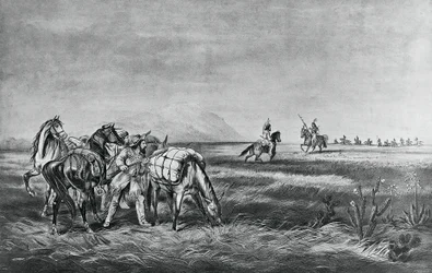 Frieden oder Krieg, Begegnung zwischen den Indianern und weißen Jägern, veröffentlicht von Colin Simkin