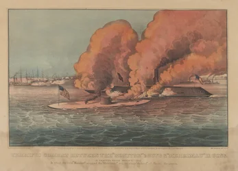 Schrecklicher Kampf zwischen der "Monitor" 2 Kanonen & "Merrimac" 11 Kanonen in Hampton Roads am 9. März 1862