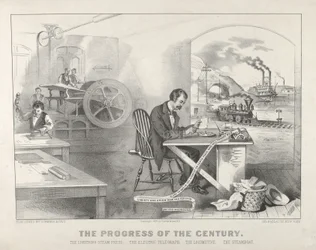 Der Fortschritt des Jahrhunderts: Die Blitzdampfpresse, Der elektrische Telegraph, Die Lokomotive, Das Dampfschiff