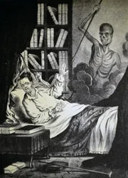Currier & Ives Illustration 19. Jahrhundert. Der böse Mann in der Todesstunde
