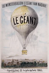 De Monsterballon (Le Giant) von Nadar Aufstieg 11. September 1865. Niederländische Werbung für das Abwickeln des Ballons „The Giant“ am 11. September