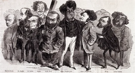 Porträts der Schriftsteller Paul de Kock (1793-1871), Emile Augier (1820-1889), Eugene Scribe (1791-1861), Felix Nadar, Alphonse Karr (1808-1890), Alexandre Dumas père (1802-1870) und Alexandre Dumas Jr. (1824-1895), Joseph Mery (1798-1866) und Leon Gozan 