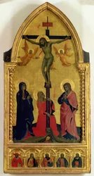 Die Kreuzigung mit Trauernden und St. Maria Magdalena, das Predella-Panel zeigt SS. Hieronymus, Paulus, Jakobus, Petrus und einen unbekannten Heiligen
