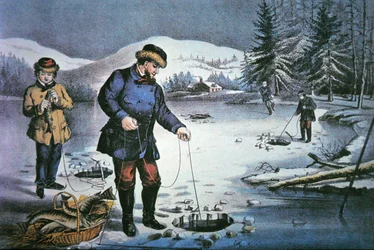 Amerikanisches Pionierleben: Angeln durch ein Eisloch