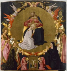 Die Marienkrönung mit Engeln und vier Heiligen. Um 1470