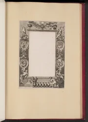 Randillustration mit Szenen aus dem Leben Christi und Putti, die Wein einschenken