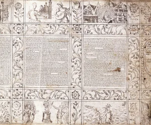 Illuminierte Handschrift in sephardischer Schrift, zeigt Szenen des niederländischen Lebens und der Bibel mit floralen Kartuschen, 17. Jahrhundert