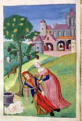 Alcithoe, Pyramus und Thisbe, Maulbeerbaum ändert die Farbe, aus Metamorphosen von Ovid, 1479