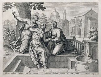 Susanna und die Ältesten, aus einer Serie, die Szenen aus der Bibel illustriert, veröffentlicht von Claes Jansz Visscher, ca. 1590