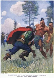 Kopfüber sprang er auf den Prahler und riss ihm das Messer aus der Scheide