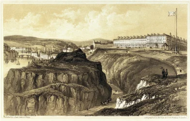 Whitby, Khyber Pass (England), mit einem Überblick über die Gebäude und die Festung der Stadt. Lithographie, graviert von Newman & Co, veröffentlicht von S. Reed