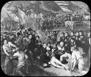 Admiral Lord Nelson verwundet in der Schlacht von Trafalgar, 1805