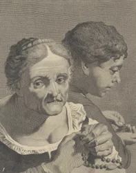 Kopie in umgekehrter Richtung einer alten Frau mit einem Rosenkranz und einem Jungen, der Münzen zählt, Platte 10