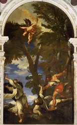 Der heilige Petrus Martyr wird von gedungenen Attentätern erstochen (Kopie des Gemäldes von Tizian, das beim Brand der Rosenkranzkapelle verloren ging)