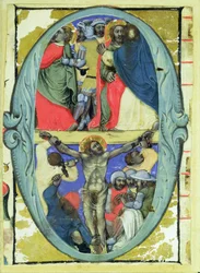 Historisierte Initiale „O“ mit der Darstellung des Judaskusses und der Kreuzigung, um 1370