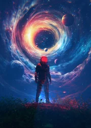 Astronaut vor kosmischem Portal