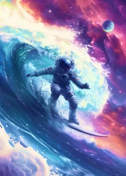 Astronaut surft auf kosmischer Welle