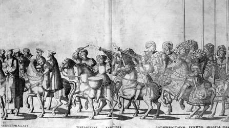 Platte 30 und 31 des Einzugs von Papst Clemens VII. und Kaiser Karl V. in Bologna am 24. Februar 1530, veröffentlicht um 1530