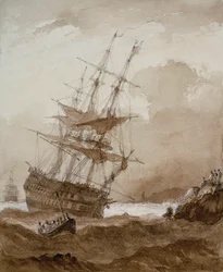 Zweidecker in einem Sturm vor der Küste, spätes 18. bis frühes 19. Jahrhundert