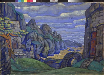 Dorf am Meer. Bühnenbildentwurf für die Oper "Tristan und Isolde" von Richard Wagner
