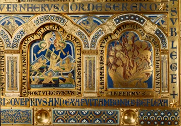 Verdun-Altar aus Gold und Emaille von Nicolas de Verdun (ca. 1130/50-1205): Szenen aus dem Alten und Neuen Testament: Detail, das die Toten zeigt, die am Tag des Jüngsten Gerichts aus ihren Gräbern kommen, und die Verdammten, die in den Flammen der Hölle b