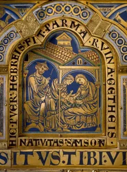 Verduner Altar aus Gold und Emaille von Nicolas de Verdun (ca. 1130/50-1205): Szenen aus dem Alten und Neuen Testament: Detail mit der Geburt Simsons. 12. Jahrhundert, Klosterneuburg, Wien, Österreich - Verduner Altar, Emaille auf vergoldetem Kupfer