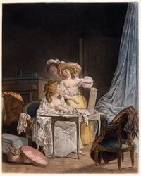 Der Vergleich. Zwei Frauen vergleichen die Größe ihrer Brust. Gravur von Nicolas Lavreince (1737-1807), um 1782