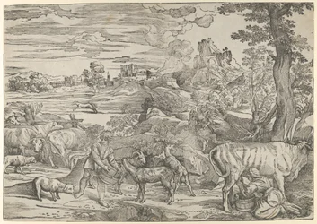 Landschaft mit Milchmädchen rechts und Junge links, ca. 1535-40