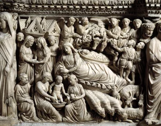 Gotische Kunst und Architektur: Heimsuchung und Geburt Christi - Detail der Flachreliefs der Marmorkanzel, die Nicola Pisano (1215/20-1278/84) zwischen 1266 und 1268 schuf. Kathedrale Notre-Dame-de-l