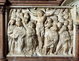 Italien, Toskana, Pisa, Piazza dei Miracoli, Kathedrale, Marmorkanzel, Tafel mit Kreuzigung
