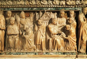 Relief, das die Genehmigung des Ordens durch Papst Innozenz III. darstellt