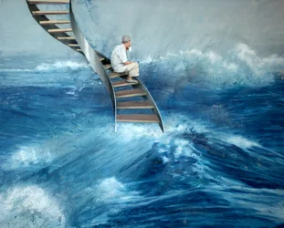 Mann auf einer Leiter sitzend, 2016