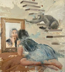 Spiegelmädchen mit Pavian