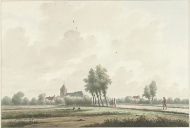 Eine Landschaft mit Kirche am Horizont