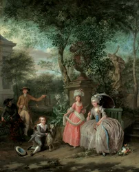 Gruppenporträt einer Familie in einem Ziergarten