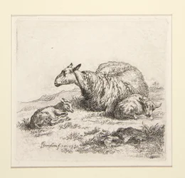 2 Radierungen aus dem Set der Schafe mit der Schäferin und den Schafen, die sogenannte Frau