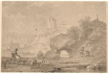 Schäfer und Fischer in einer südlichen Flusslandschaft