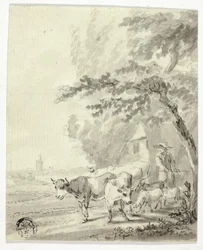 Mann treibt Kühe und Schafe