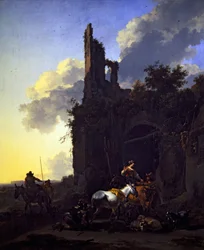 Eine italienische Landschaft mit Bauern vor einem Gasthaus