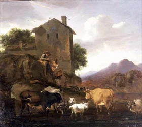 Hirten mit Rindern und Ziegen