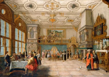 Lazarus an der Tür eines Bankettsaals mit eleganten Figuren beim Essen, 1622