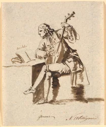 Der englische Dichter Gower, sitzend mit einer Laute an einem Tisch, auf dem Herodot aufgeschlagen liegt