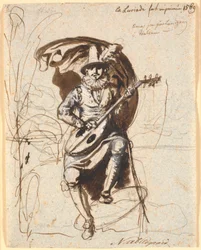 Der portugiesische Dichter Camoens sitzt an einer Felsenküste mit seiner Laute, en face gesehen