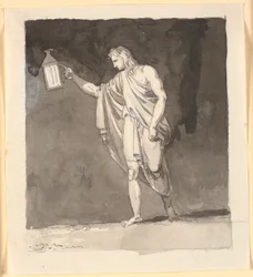 Diogenes, der im Dunkeln mit einer Laterne leuchtet