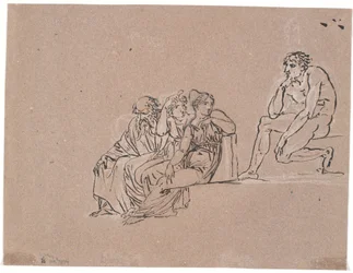 Eine Gruppe bestehend aus einem Greis und zwei sitzenden Frauen, die sich zu einem höher sitzenden Mann umdrehen