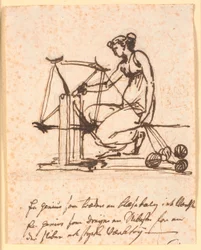 Eine Frau, die Garn auf einer Spindel spinnt