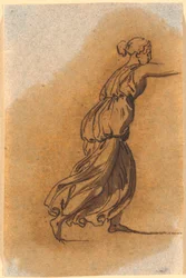 Eine laufende Frau mit ausgestrecktem rechten Arm