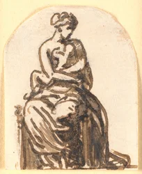 Eine sitzende Frau mit einem kleinen Kind im Arm