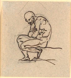 Ein sitzender, gebeugter nackter Mann im Profil nach links